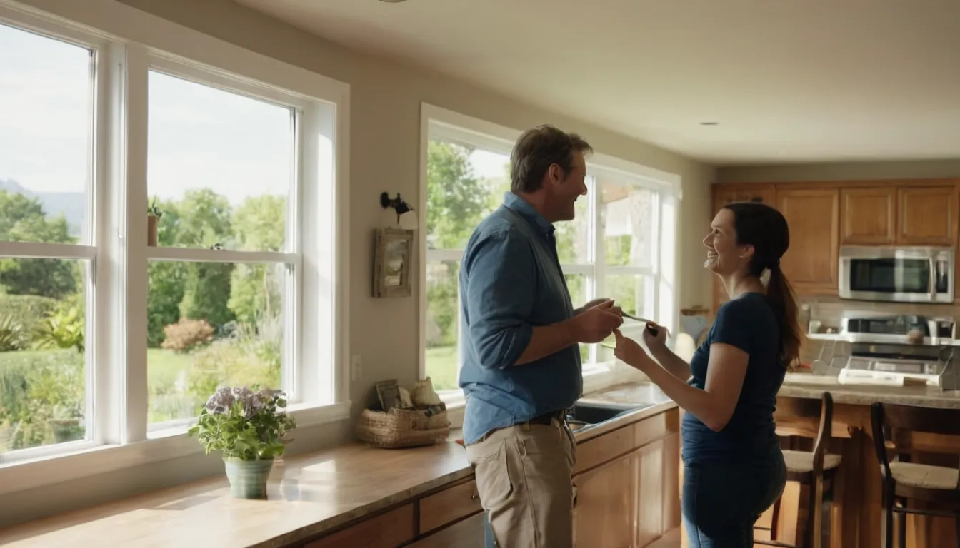 A homeowner and a window provider looking at a window together in the Middletown area